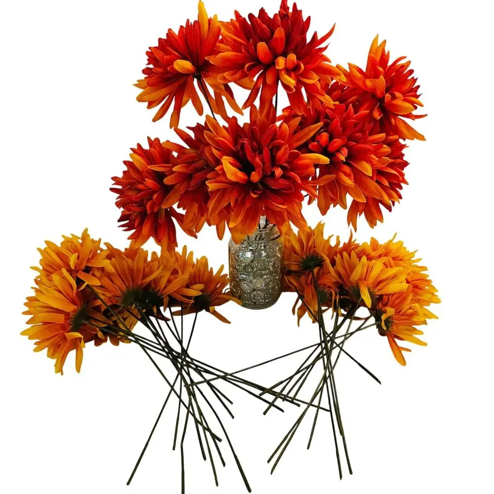 35 Pc Orange Yellow Artificial Silk Mum Flower Stem Fall Floral Crafts Decor Lot